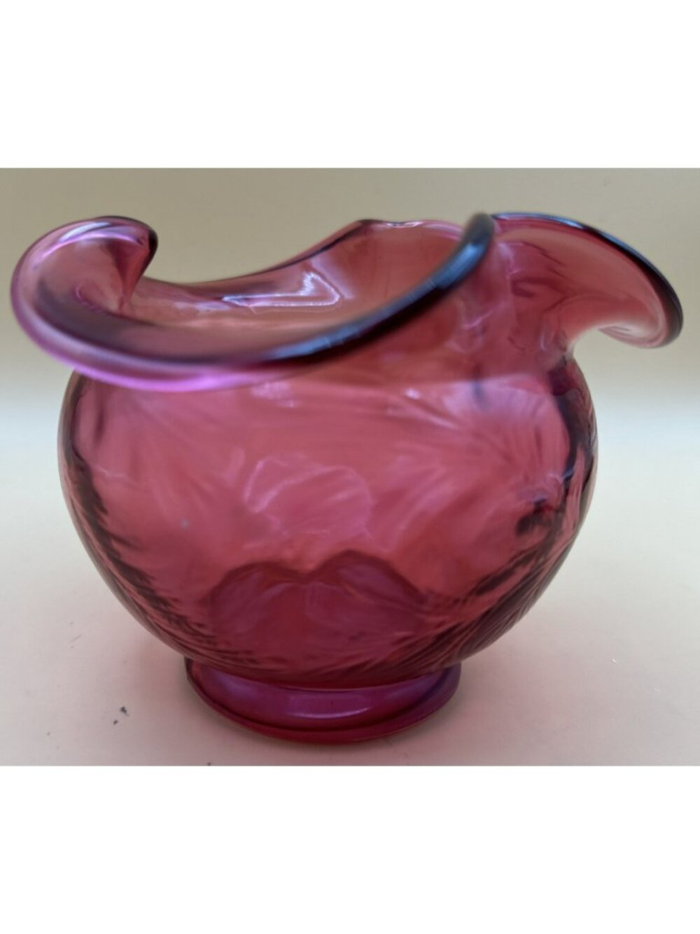Fenton  Cranberry Red  Rose Bowl Art Glass Vase 3 1/2”H Ruffled Crimped